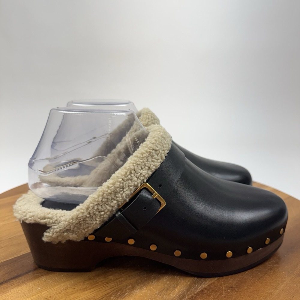 New NWOB Womens Paige Helena Faux Shearling Black Leather Slip On Clogs Size 8 M